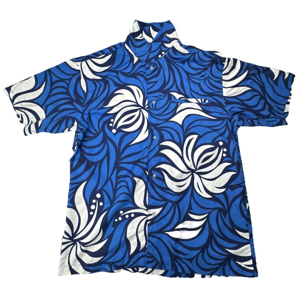 Rip Curl Button Down Shirt Tropical Floral Wave Print Short Sleeve Large Blue